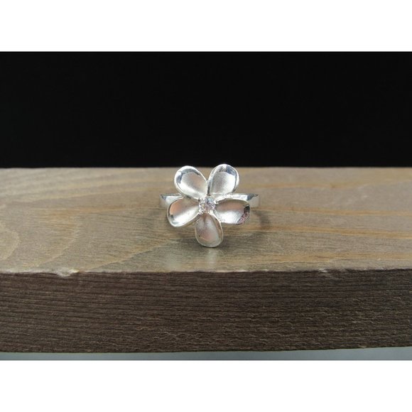 Size 6.25 Sterling Silver Cubic Zirconia Single Gem Flower Band Ring Vintage - Picture 1 of 7